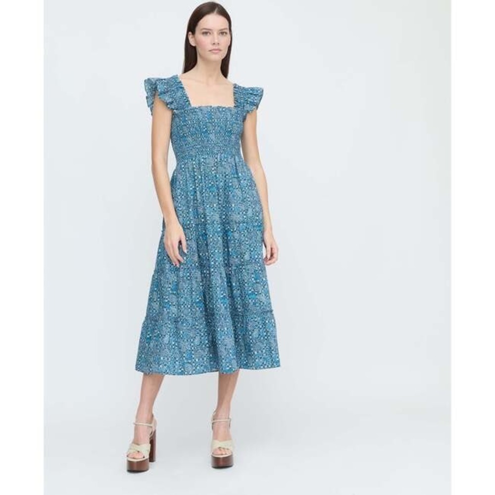 Hill House Home Ellie Nap Dress Calico Trellis‎ Navy Blue Smocked Midi XXS NEW